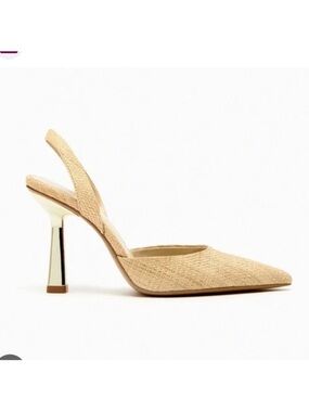 Zara Beige Pointed-Toe Slingback Heels with Metallic Sculpted Heel